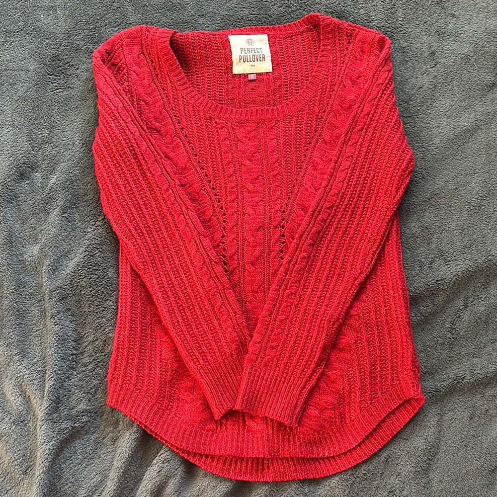 Red Crew Neck Sweater with Cable Knit Design